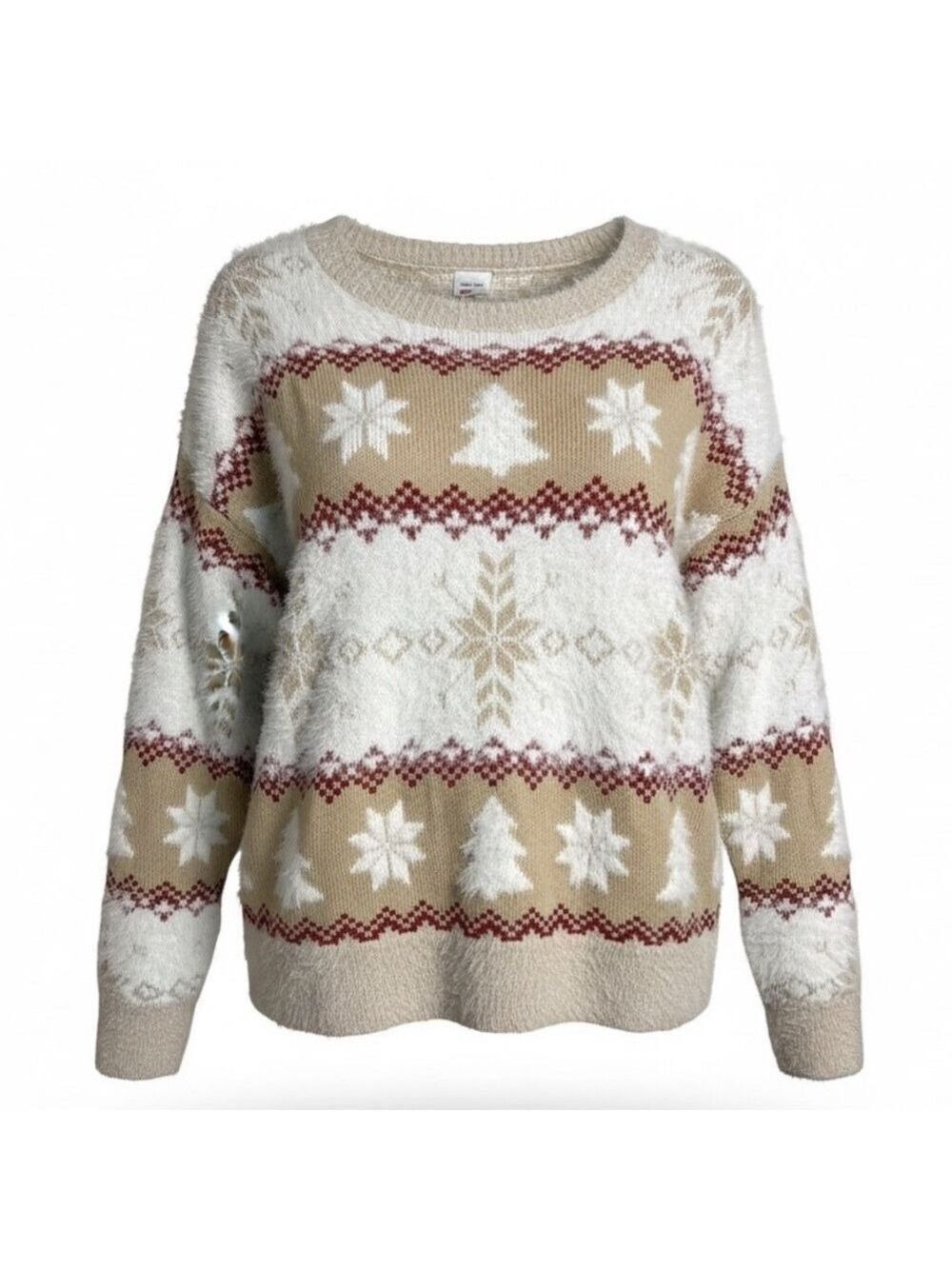 Women's Large (12-14) Beige White Fuzzy Christmas Sweater Tree Snowflakes